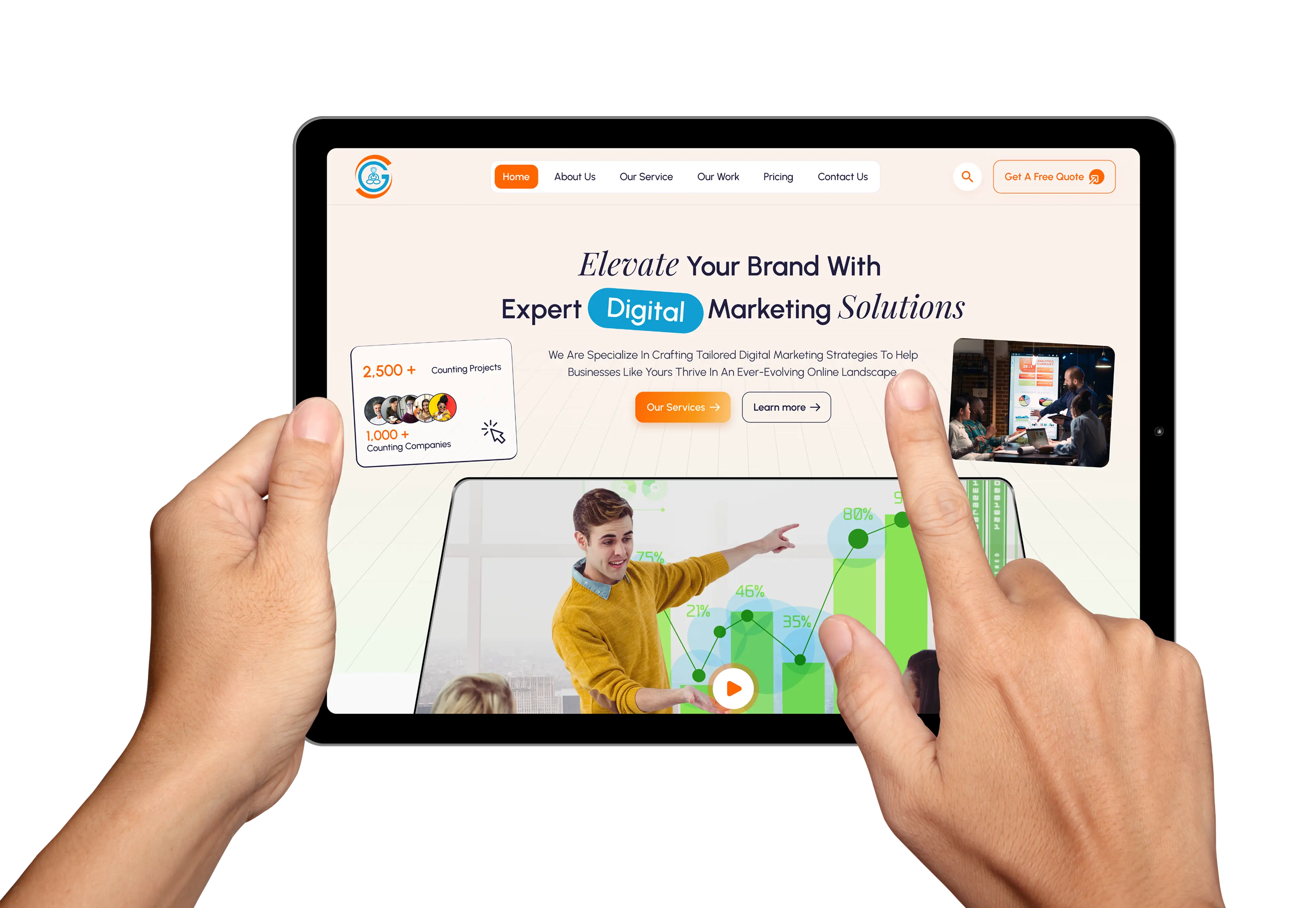 Hands holding a tablet Hands holding a tablet that displays a screen with a man pointing at the content.